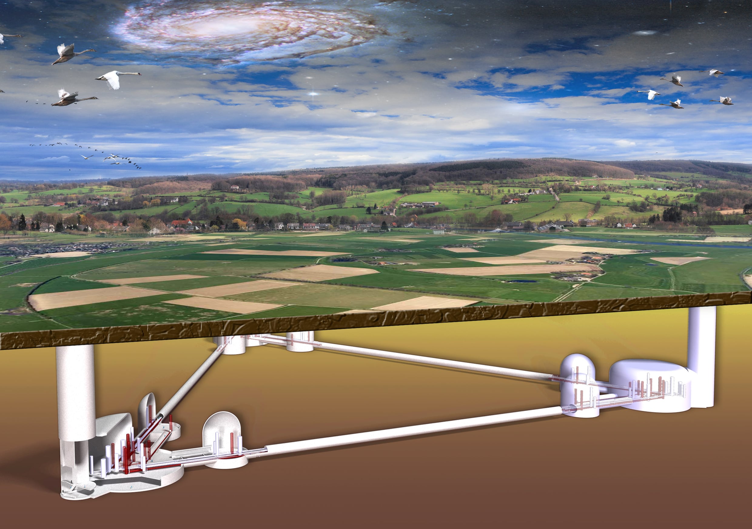 Artist impression van de Einstein Telescope. In 2021 beslist het Europese investeringsfonds ESFRI of het het plan voor die telescoop ondersteunt. Daarna pas wordt besloten waar die komt te staan.