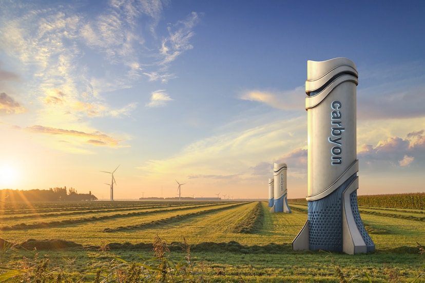 Een schets van hoe de CO2-opzuig-machines van het Eindhovense Carbyon eruit moeten gaan zien.