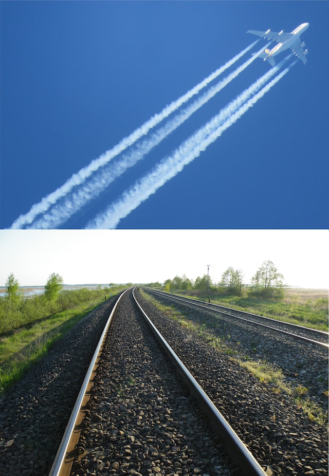 Combinatiefoto van vliegtuig en spoorbaan