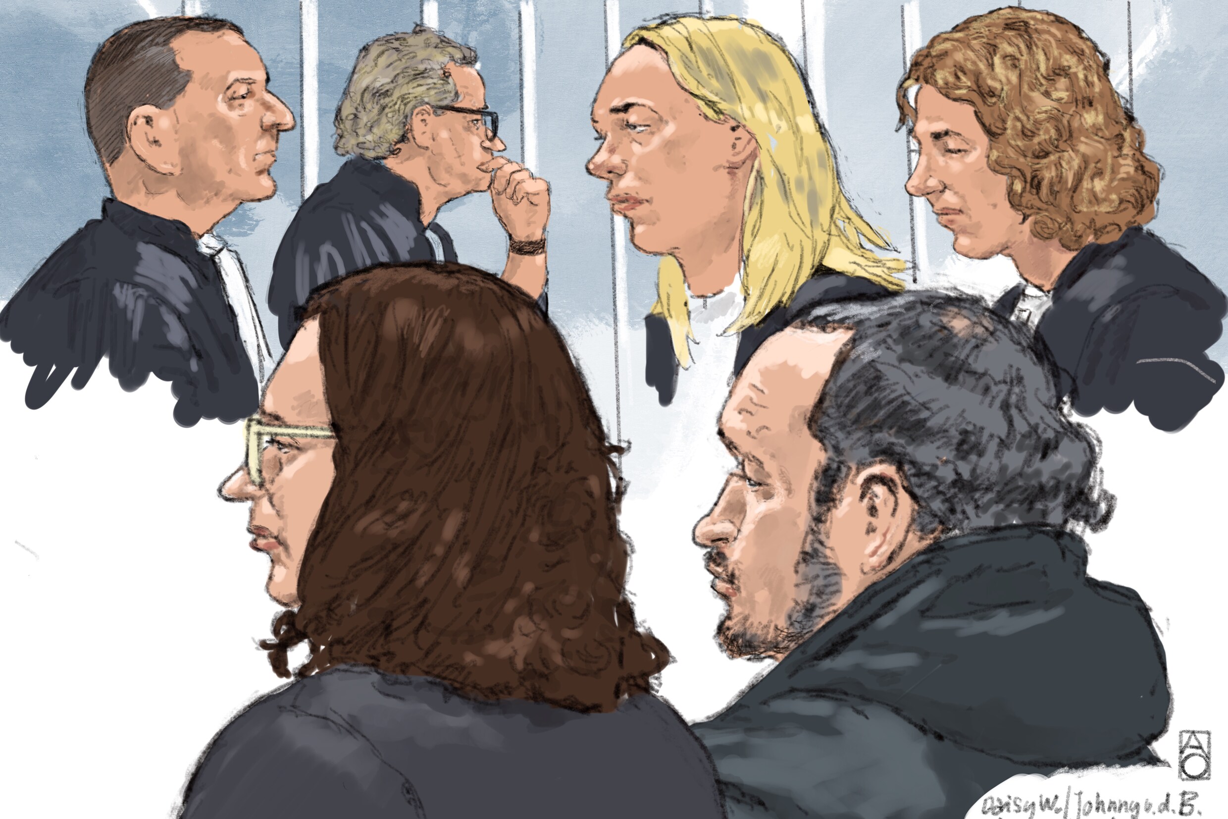 Rechtbanktekening Daisy W. en Johnny van den B. in de rechtbank van Rotterdam.