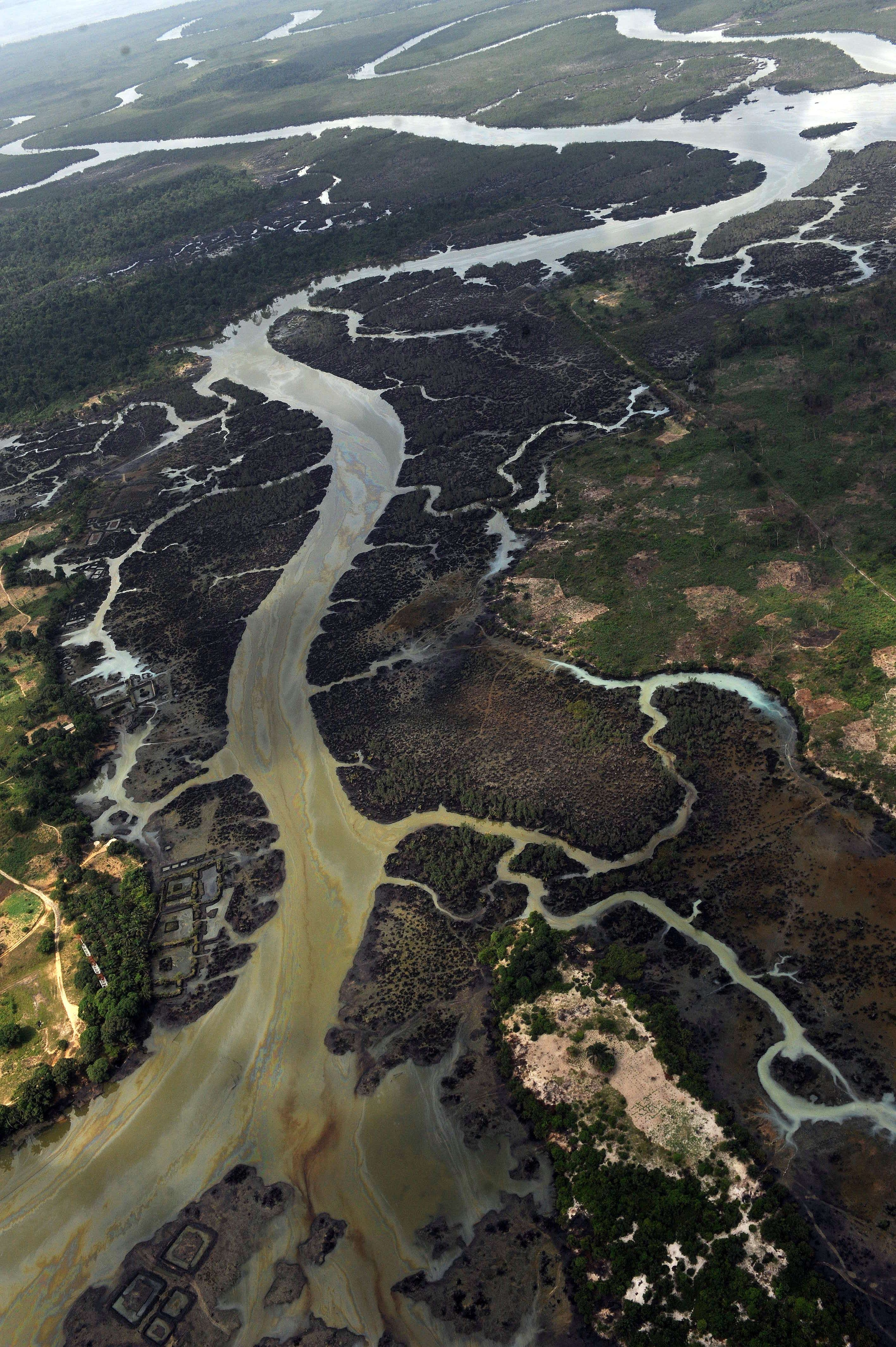 Foto van de met olie vervuilde Niger-delta uit maart 2013.